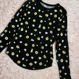 Daisy Floral Black Thermal Rib Knit Fairy Grunge Punk Whimsygoth Kid Core Top